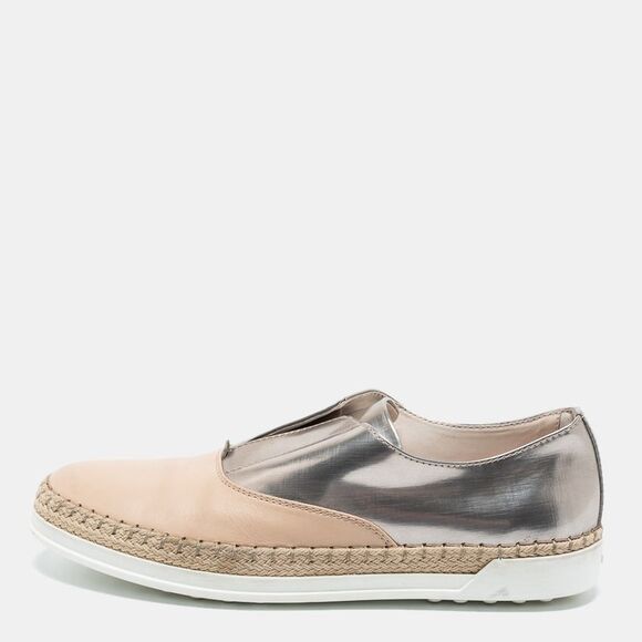 Tod's Silver And Beige Patent AndLeather Francesina Slip On Espadrille